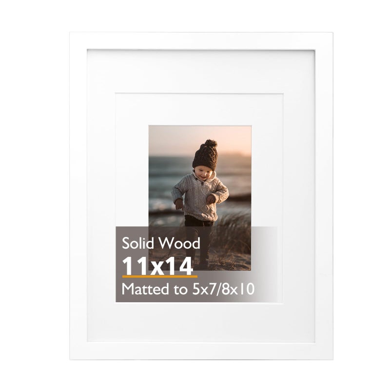KINLINK 11x14 Picture Frame, White Solid Wood Frame with Acrylic Plexiglass for Picture 5x7/8x10 with Mat or 11x14 without Mat, Tabletop and Wall Display Photo Frame 1 Pack - Image 1